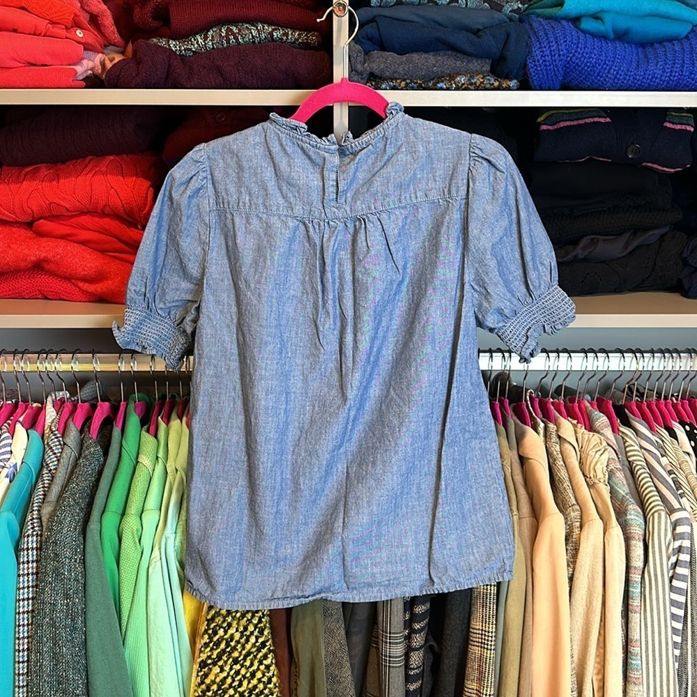 Women's Blue Chambray Puff-Sleeve Blouse - Picture 3 of 3